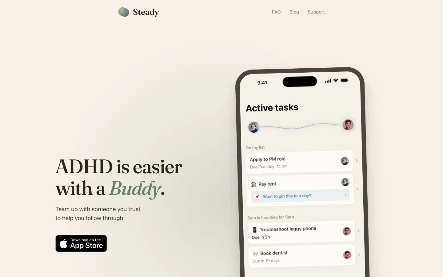 The steadypair.com homepage: “ADHD is easier with a Buddy.”